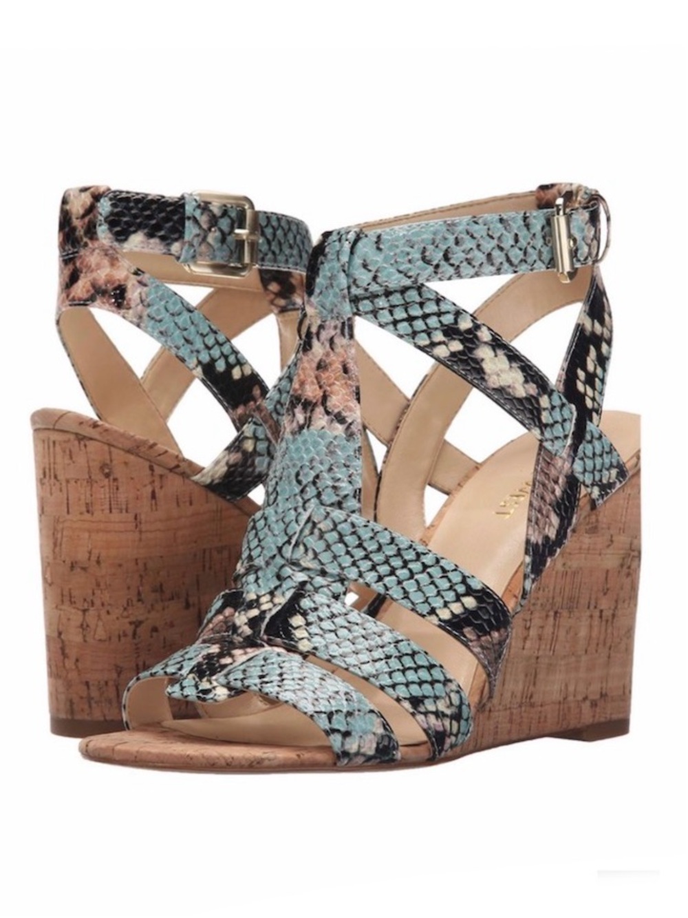 Nine West Farfalla Blue Snake Skin Wedge Sandals Size 8.5 NEW